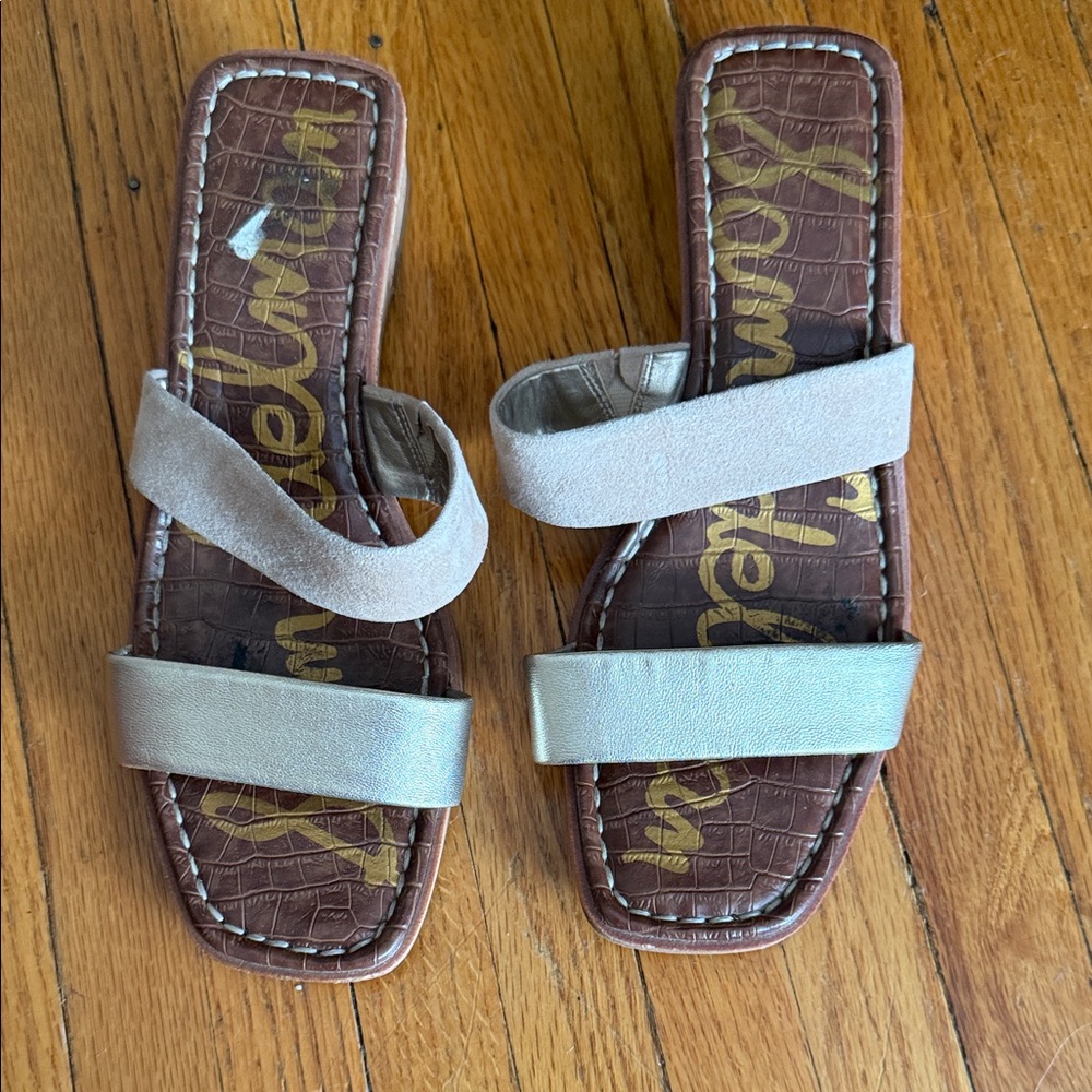 Sam Edelman Tan and Gold Double Strap Leather Sandals 8